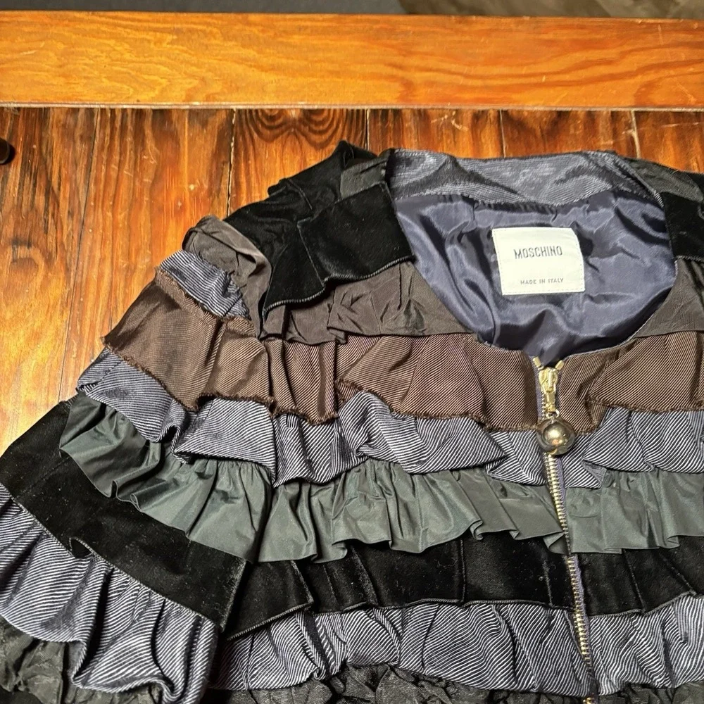 Moschino Blue Black Tiered Ruffle Velvet Zip Front Jacket Rare Sz 10